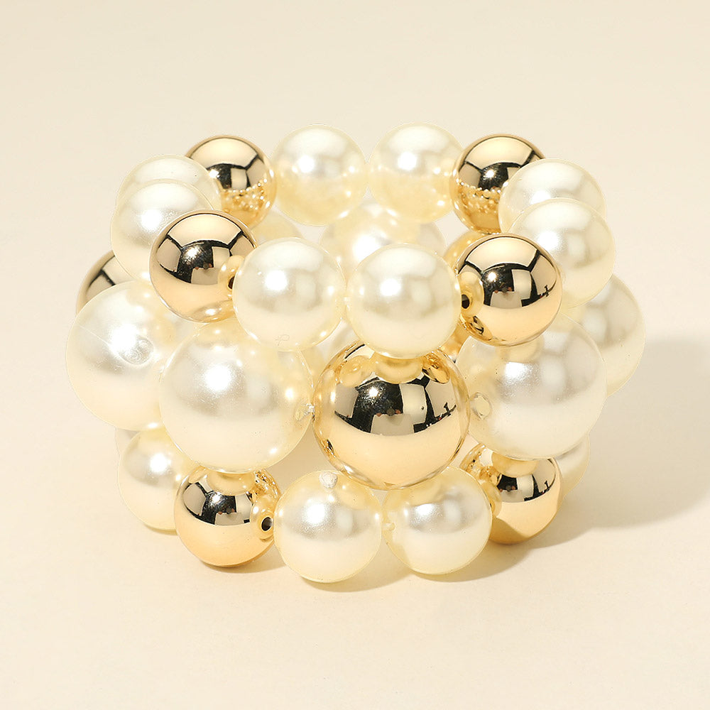 3PCS - Bold Pearl Metal Ball Beaded Stretch Multi Layered Bracelets