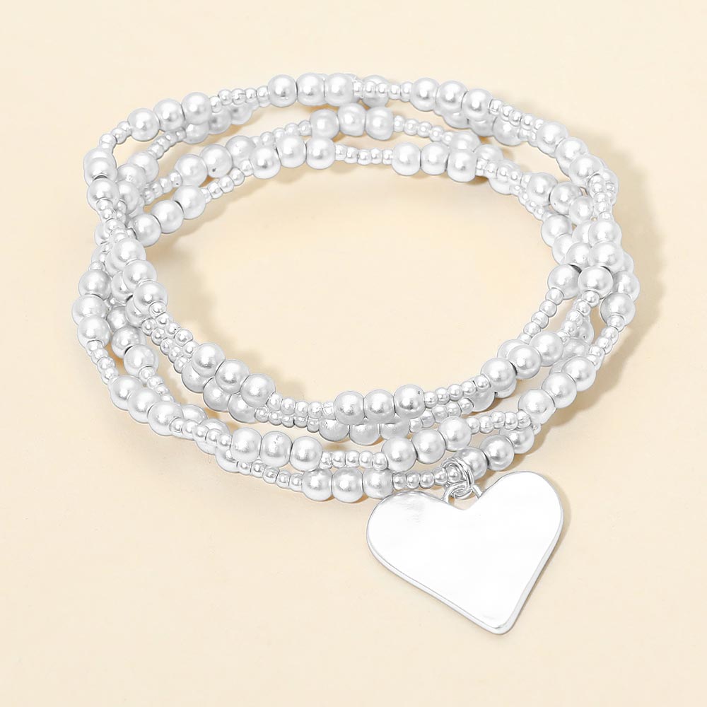 4PCS - Brushed Hammered Metal Heart Plate Charm Accent Metal Ball Beaded Stretch Multi Layered Bracelets