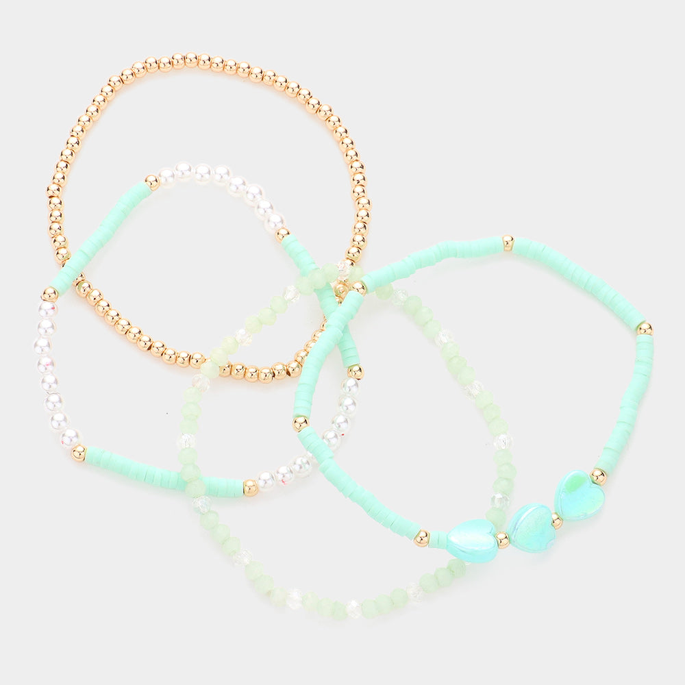 4PCS - Heart Pearl Heishi Beaded Stretch Bracelets