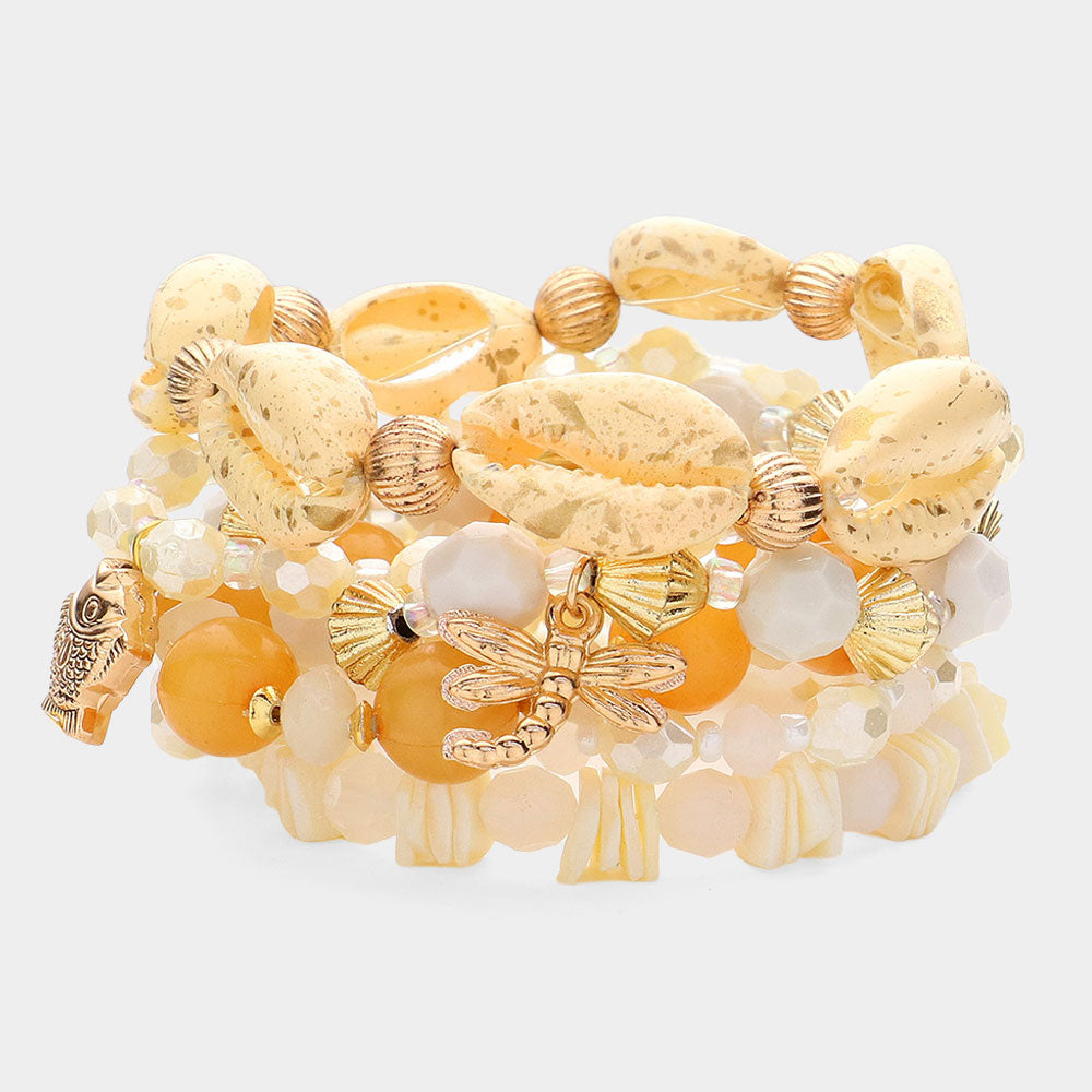 6PCS - Puka Shell Pointed Dragonfly Fish Pigeon Charm Faceted Beaded Stretch Multi Layered Bracelets