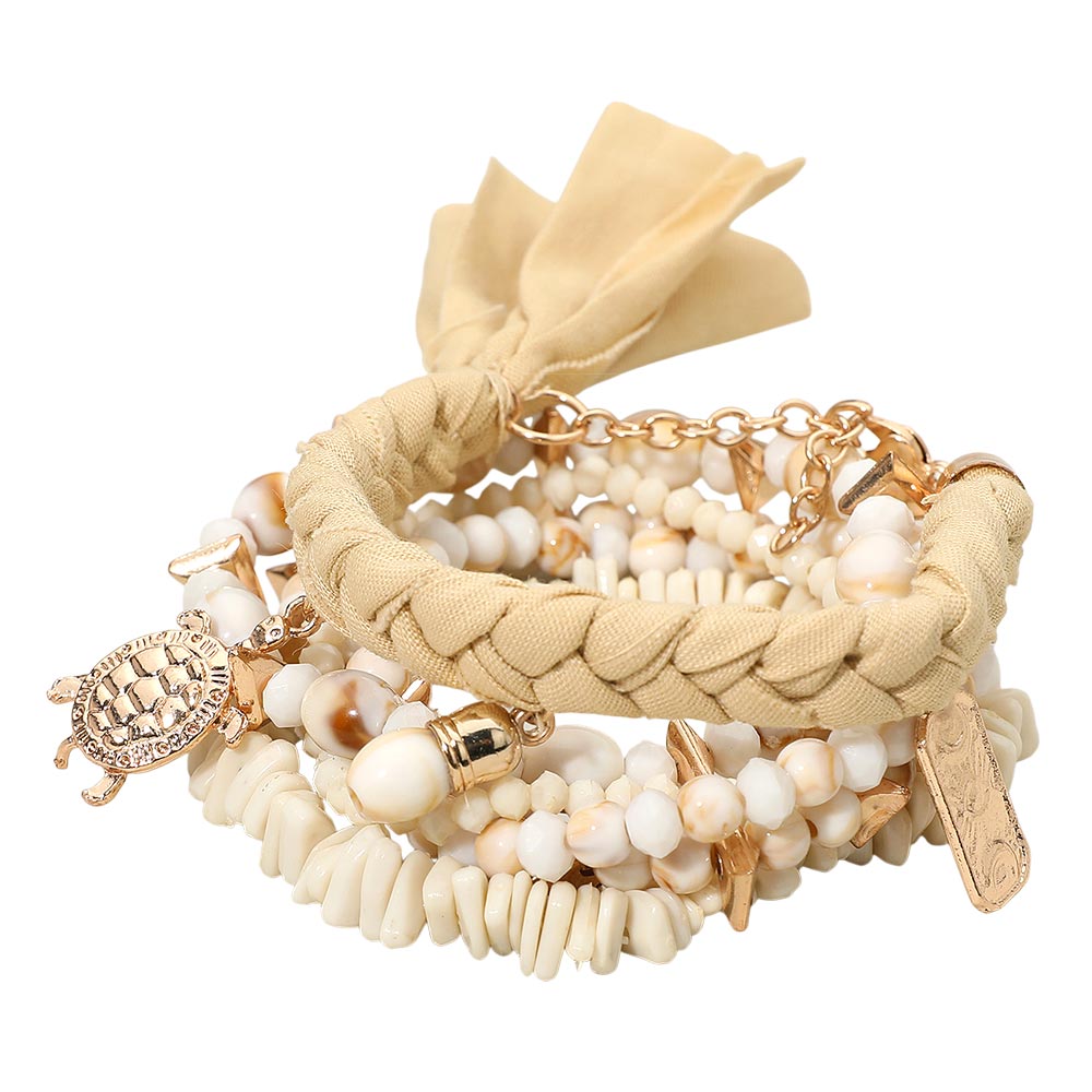 6PCS - Boho Turtle Beach Theme Charm Beaded Stretch Multi Layered Bracelets