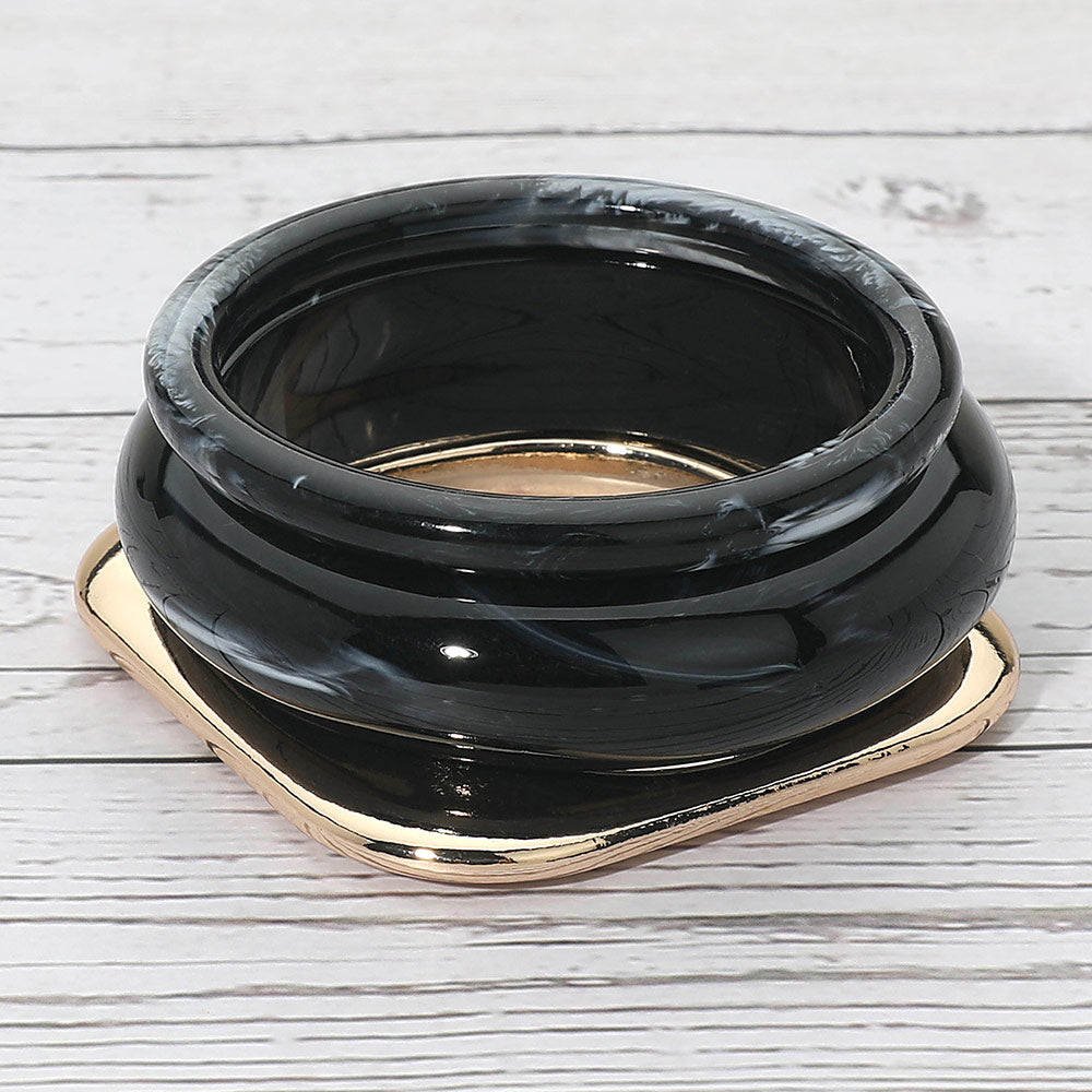 3PCS - Bold Modern Mixed Shape Resin Flat Square Metal Bangle Multi Layered Bracelets