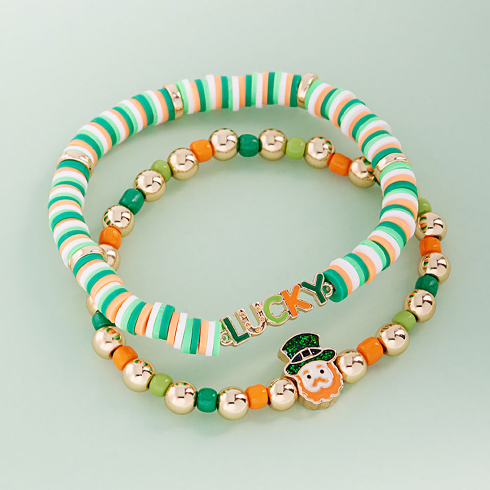 2PCS - St Patricks LUCKY Leprechaun Heishi Beaded Stretch Multi Layered Bracelets