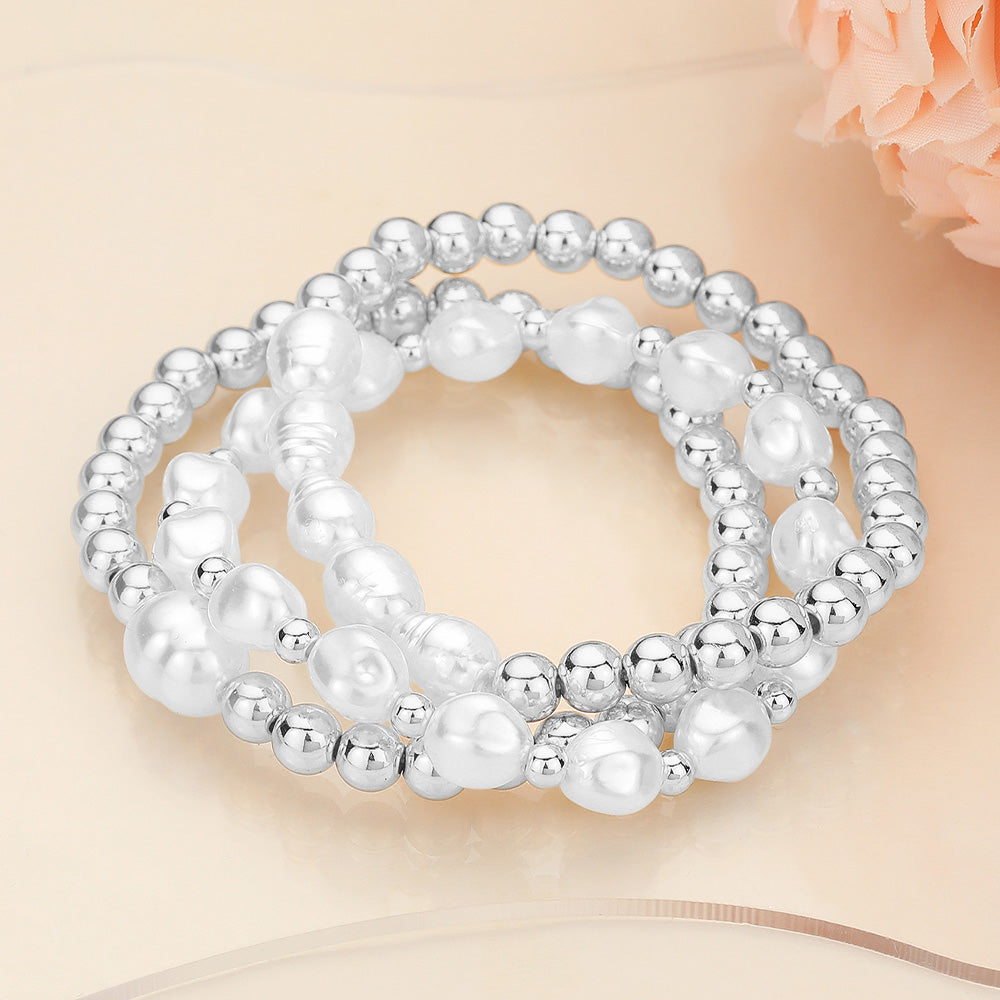 3PCS - Metal Pearl Ball Beaded Stretch Multi Layered Bracelets