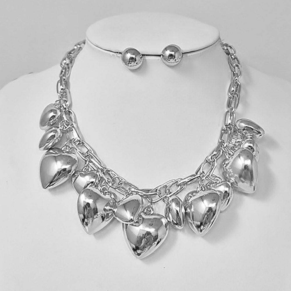 Chunky Puffy Metal Heart Charm Embellished Necklace