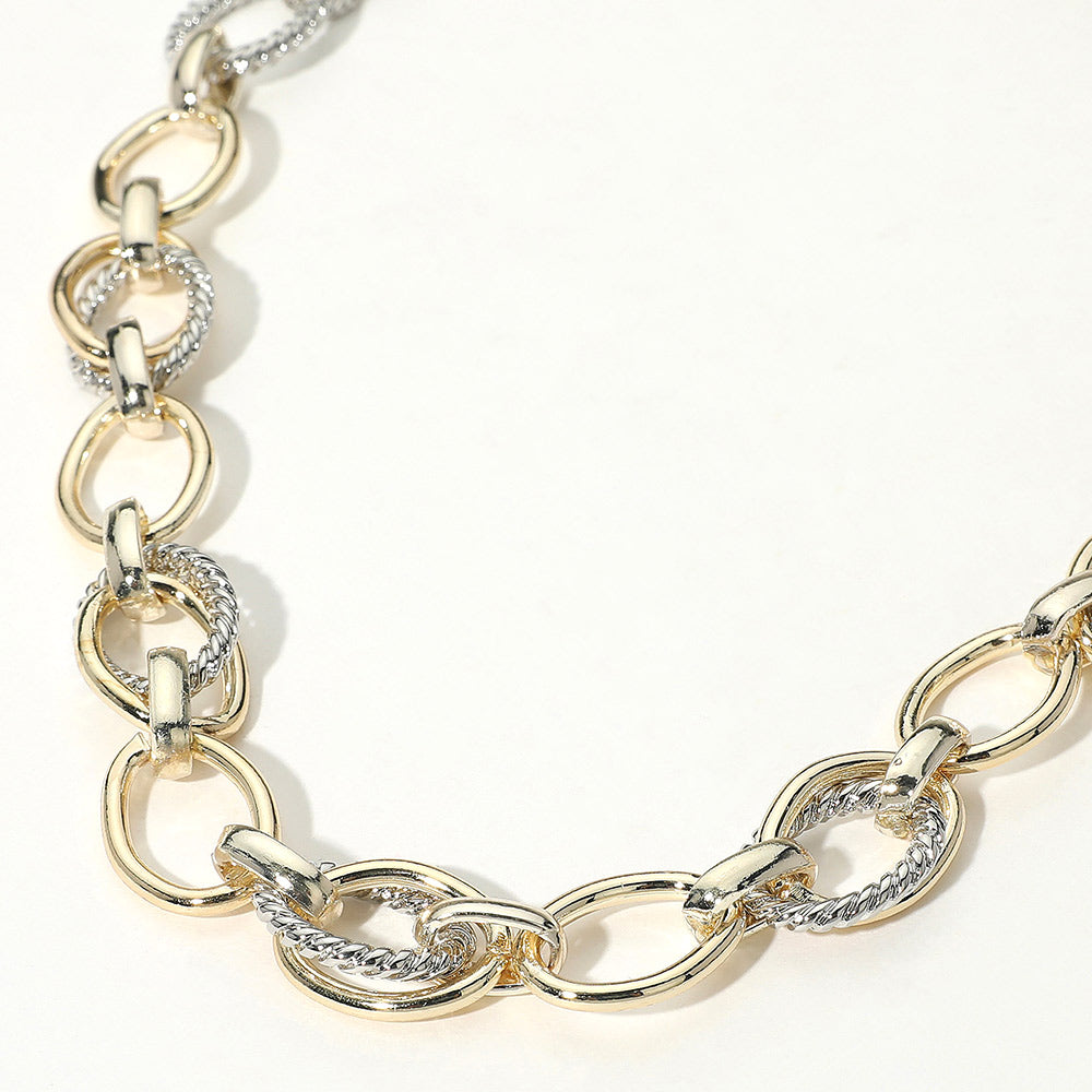 14K Gold Plated Two Tone Textured Oval Link Chunky Chain Necklace