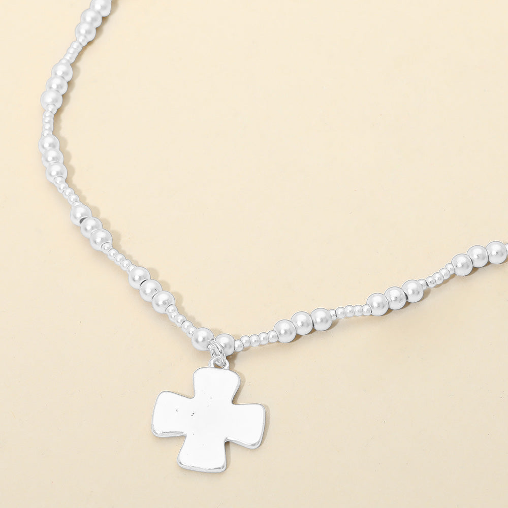 Brushed Hammered Metal Cross Pendant Beaded Chain Necklace
