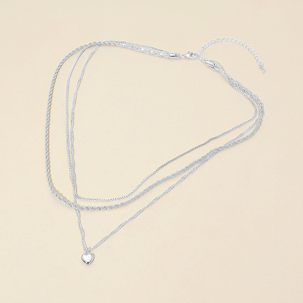 White Gold Dipped Heart Charm Pendant Accent Mixed Chain Layered Necklace