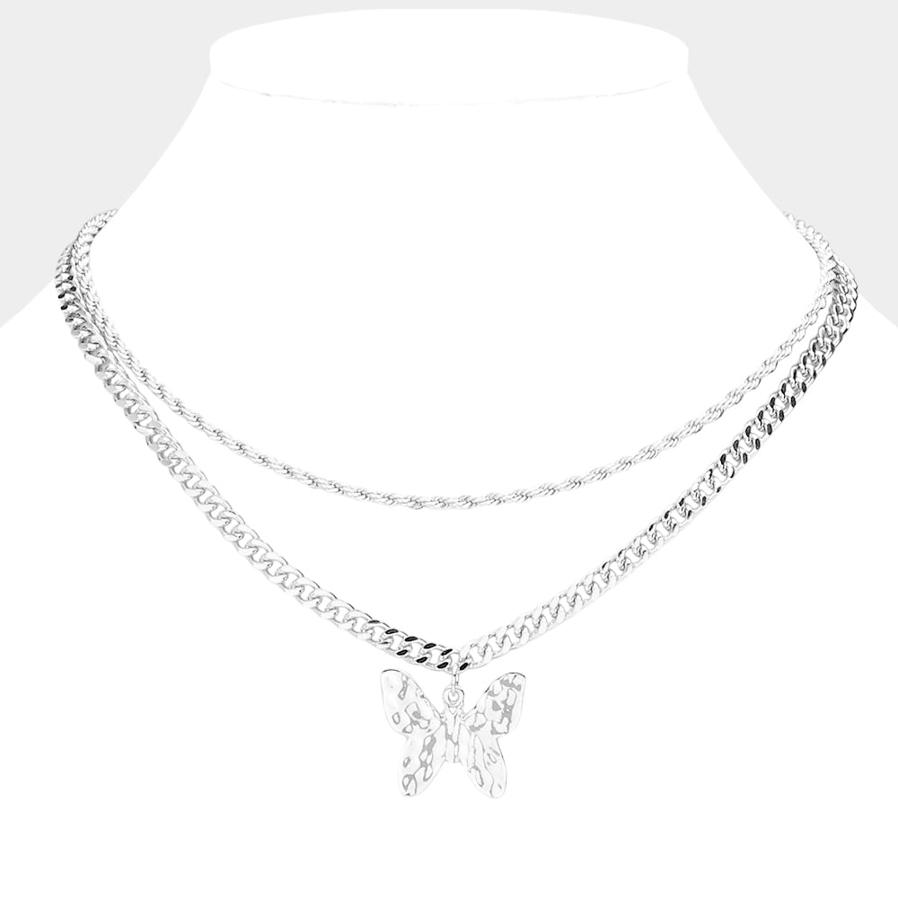 Hammered Metal Butterfly Pendant Double Layered Necklace
