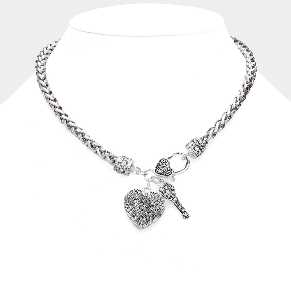 Antique Metal Heart Key Lock Pendant Toggle Necklace