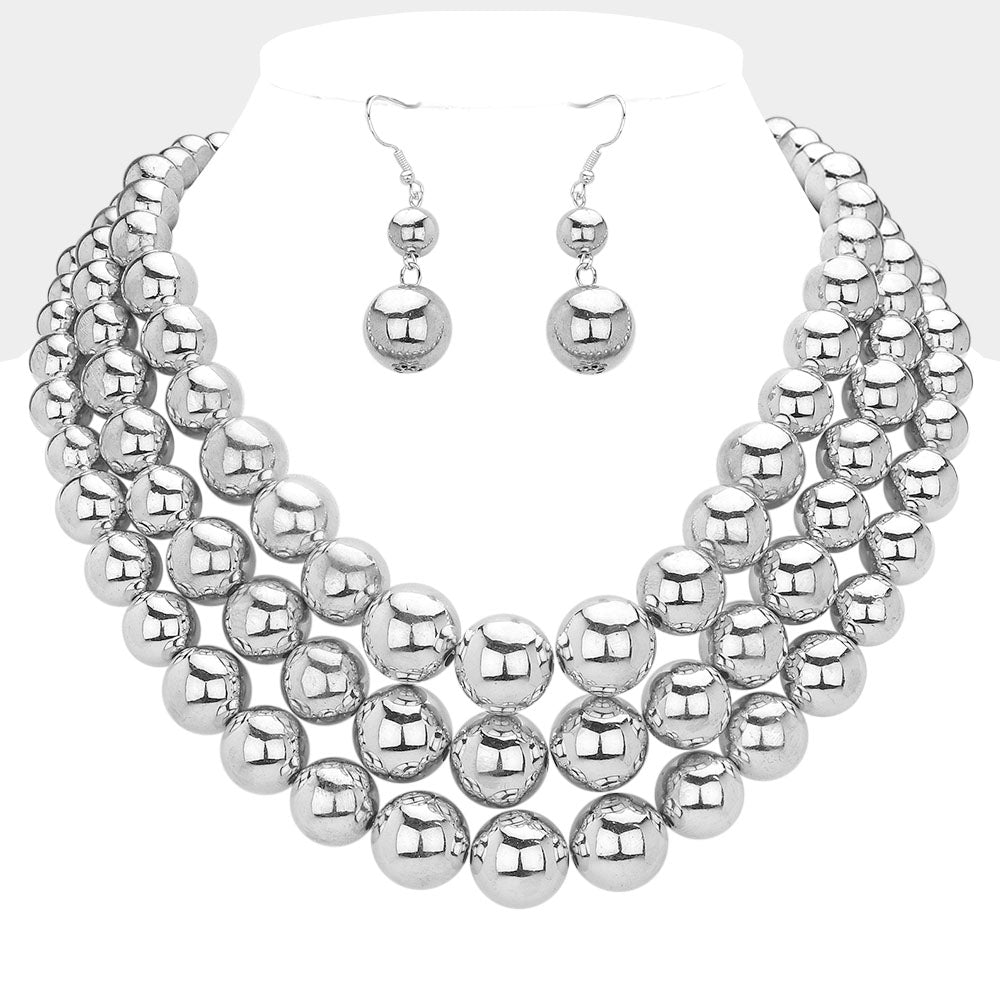 Metal Ball Beaded Triple Layered Statement Necklace