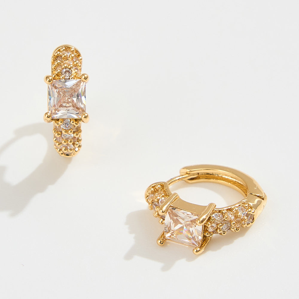 14K Gold Dipped Square CZ Center Stone Mini Huggie Hoop Earrings