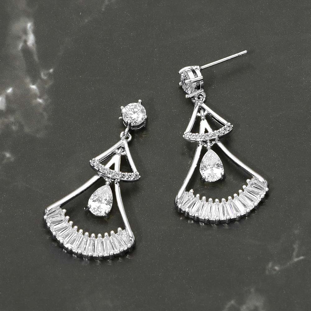 White Gold Dipped Teardrop CZ Cluster Accent Fan Drop Earrings