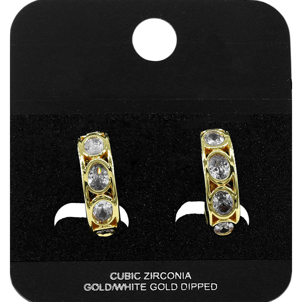 Gold Dipped Oval CZ Bezel Around Mini Open Hoop Earrings