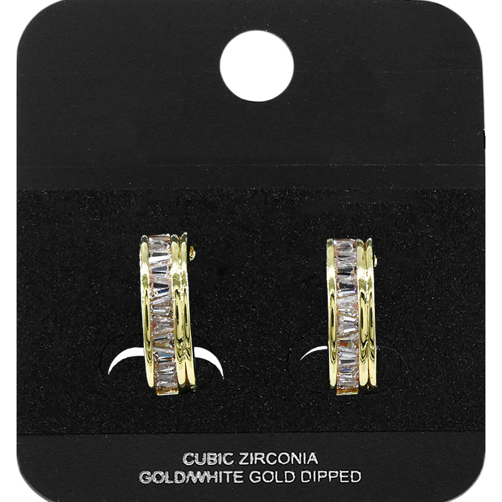 Gold Dipped Baguette CZ Embellished Mini Open Hoop Earrings