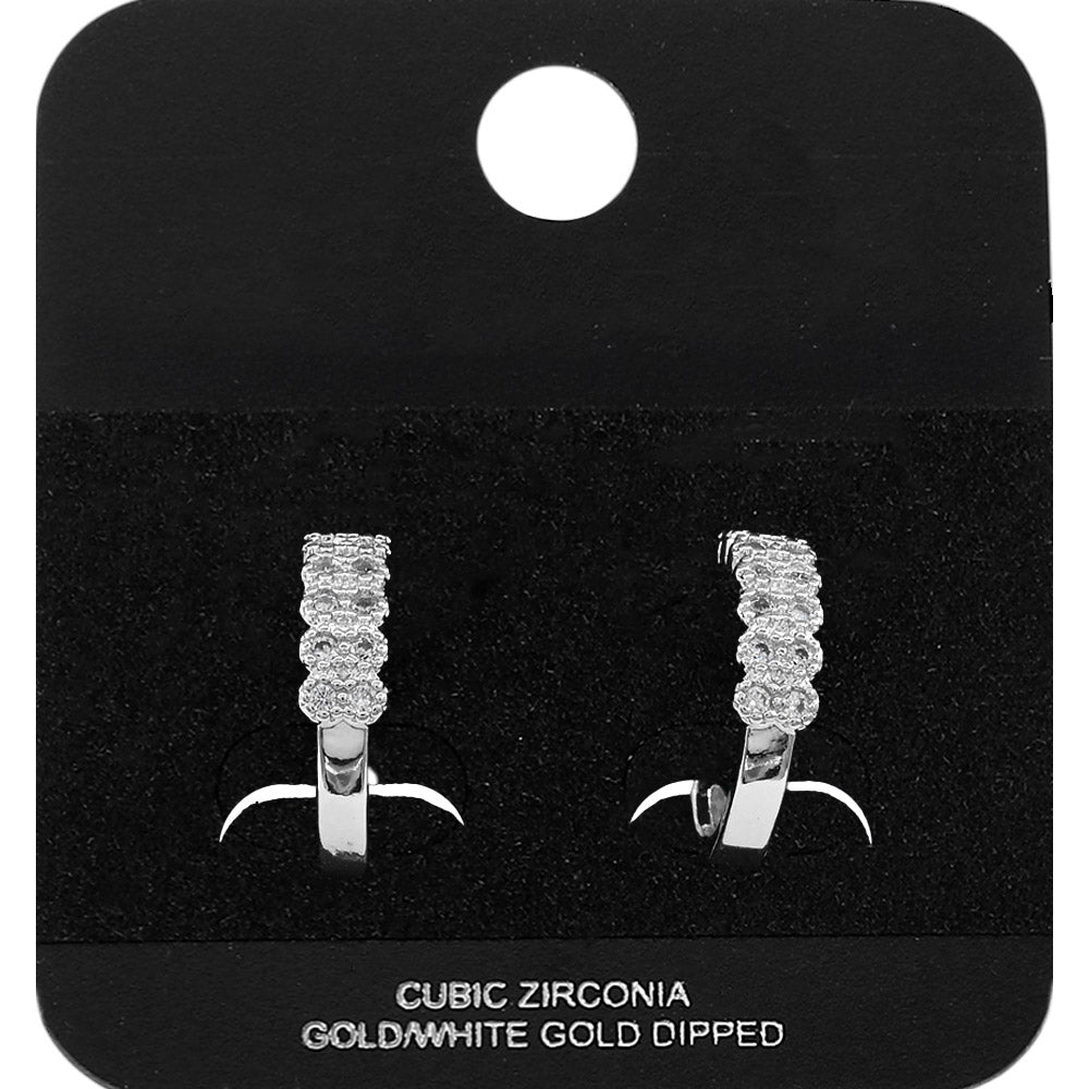 White Gold Dipped Two Row CZ Pave Mini Open Hoop Earrings