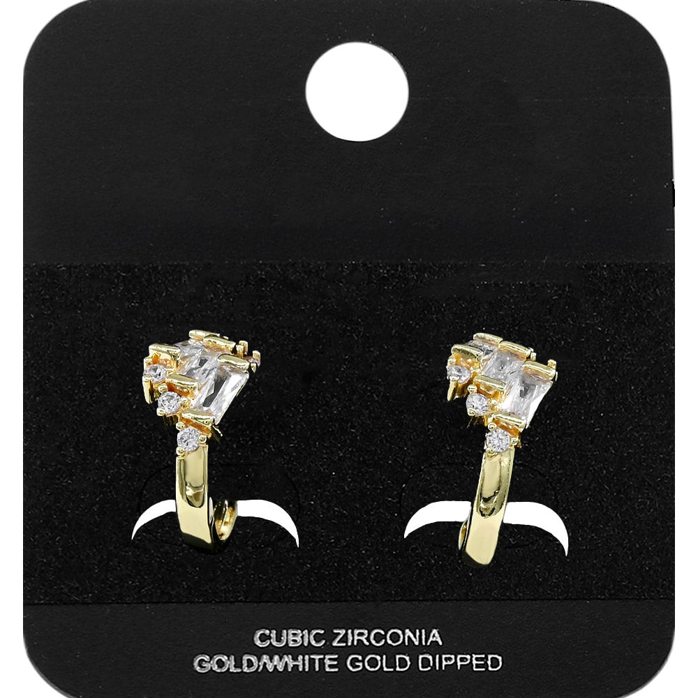 Gold Dipped Triple Baguette CZ Accent Mini Open Hoop Earrings