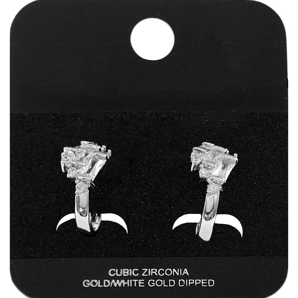 White Gold Dipped Triple Baguette CZ Accent Mini Open Hoop Earrings