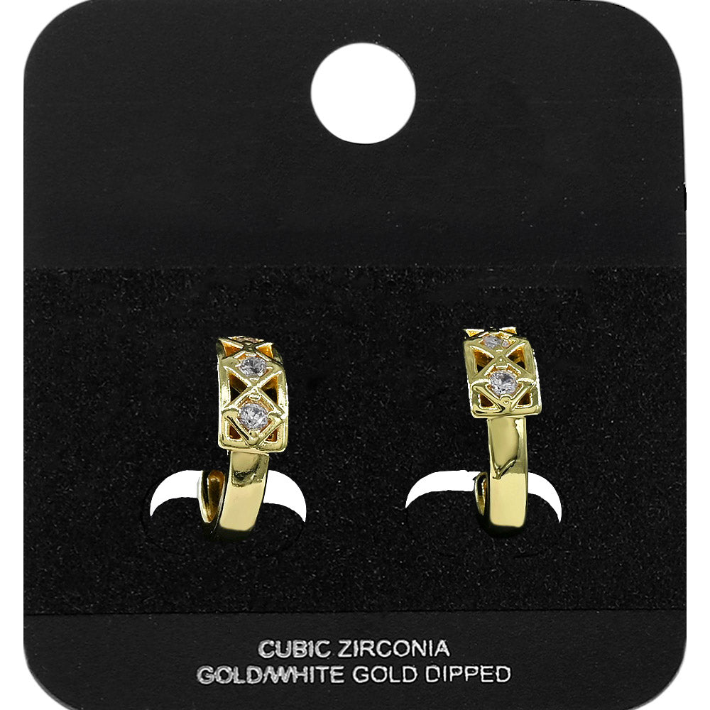 Gold Dipped CZ Stone Accent Lattice Mini Open Hoop Earrings