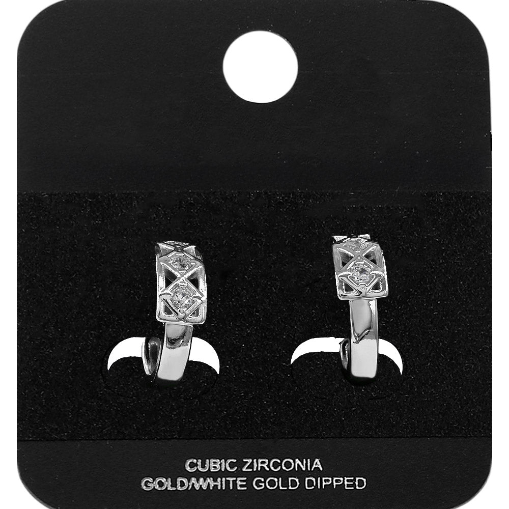 White Gold Dipped CZ Stone Accent Lattice Mini Open Hoop Earrings