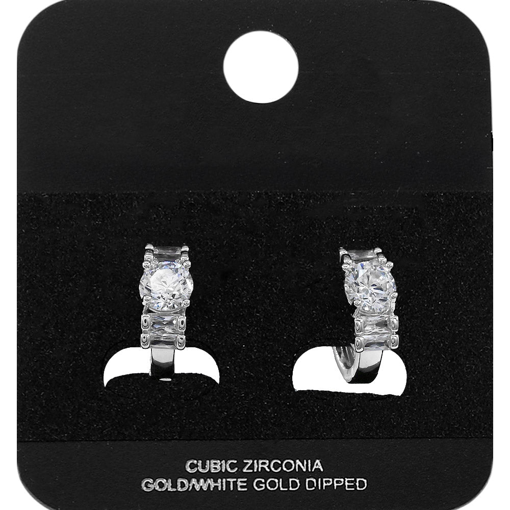 White Gold Dipped Round Baguette CZ Mini Open Hoop Earrings