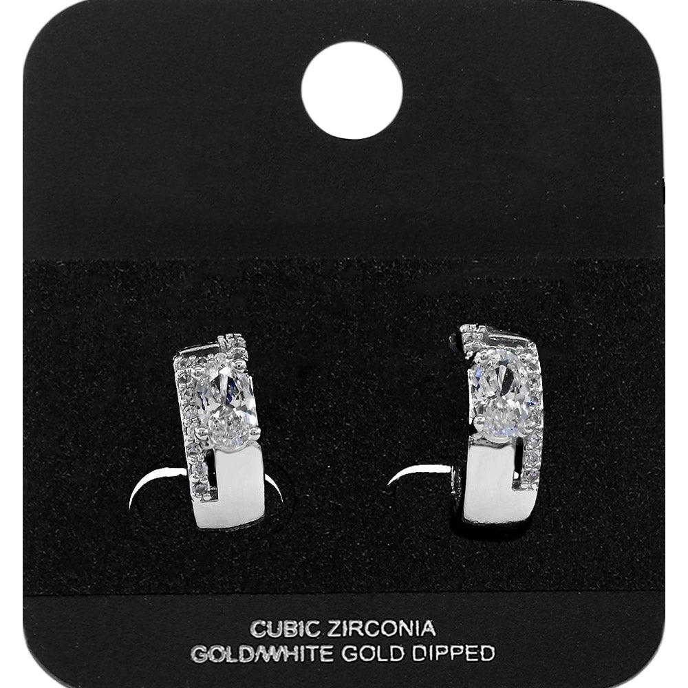 White Gold Dipped Oval CZ Accent Mini Open Hoop Earrings