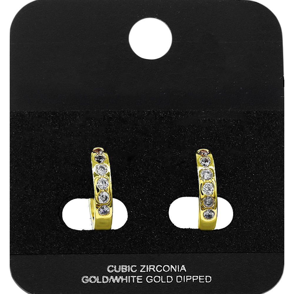 Gold Dipped Round CZ Channer Mini Open Hoop Earrings