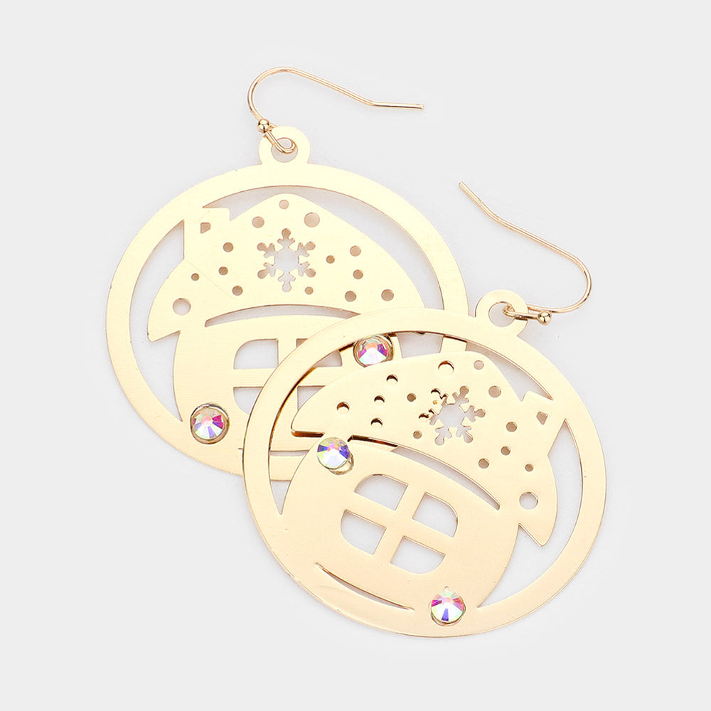 Stone Embellished Cutout Christmas House Brass Metal Round Dangle Earrings