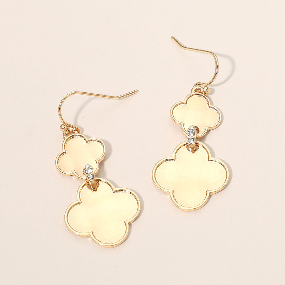 Rhinestone Pave Bar Link Quatrefoil Metal Plate Link Drop Earrings