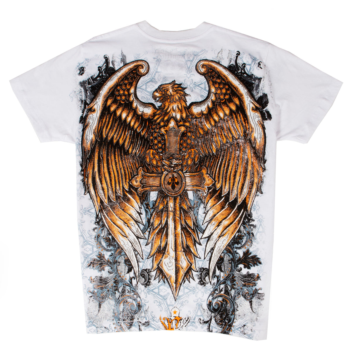 Camiseta de algodón para hombre Sakkas con águila posada en una espada, diseño metálico plateado en relieve