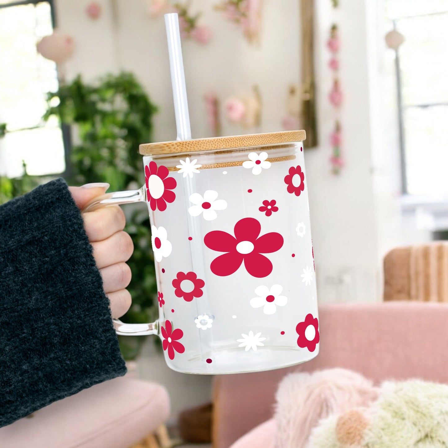 Red Daisy Glass Cups