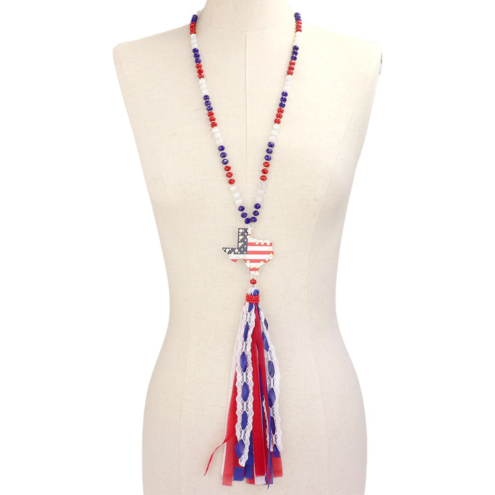 American USA Flag Texas State Map Mesh Fabric Tassel Link Necklace