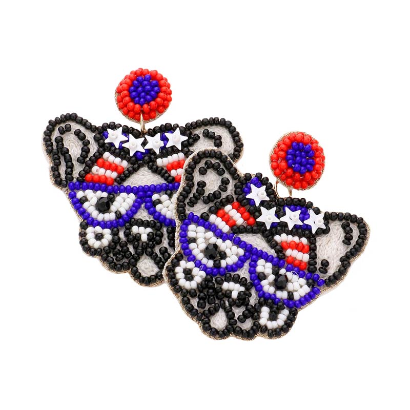 Felt Back Seed Beaded American USA Flag Bulldog Earrings