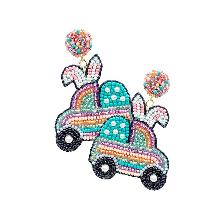 Felt Back Seed Beaded Easter Bunny Car Dangle Earrings