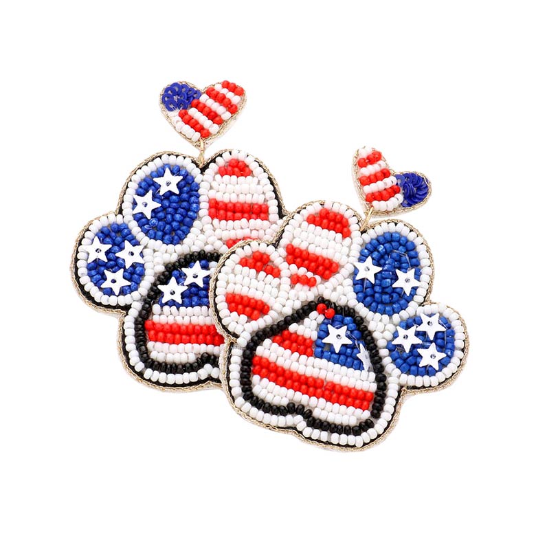 Felt Back Seed Beaded Heart American USA Flag Paw Earrings