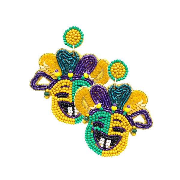 Felt Back Seed Beaded Mardi Gras Mask Dangle Earrings