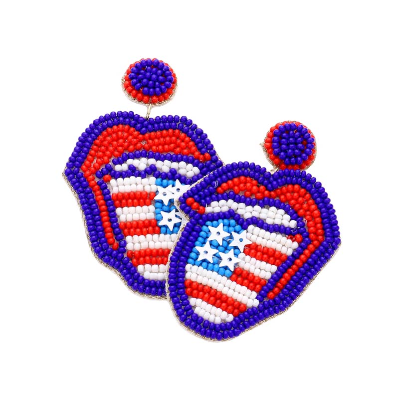 Felt Back Seed Beaded USA Flag Tongue Out Mouth Earrings