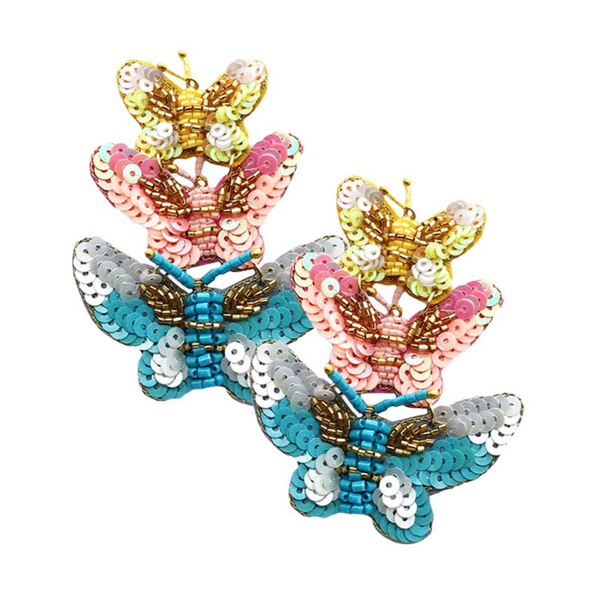Pendientes colgantes de triple mariposa con lentejuelas y parte trasera de fieltro