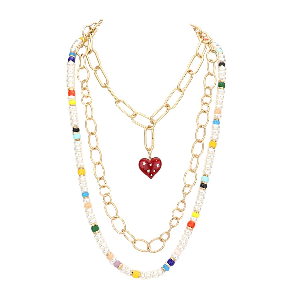Heart Pendant Accented Pearl Resin Beaded Triple Layered Necklace