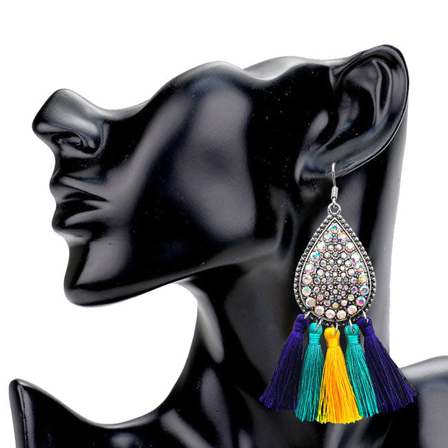 Mardi Gras Stone Embellished Metal Teardrop Tassel Dangle Earrings