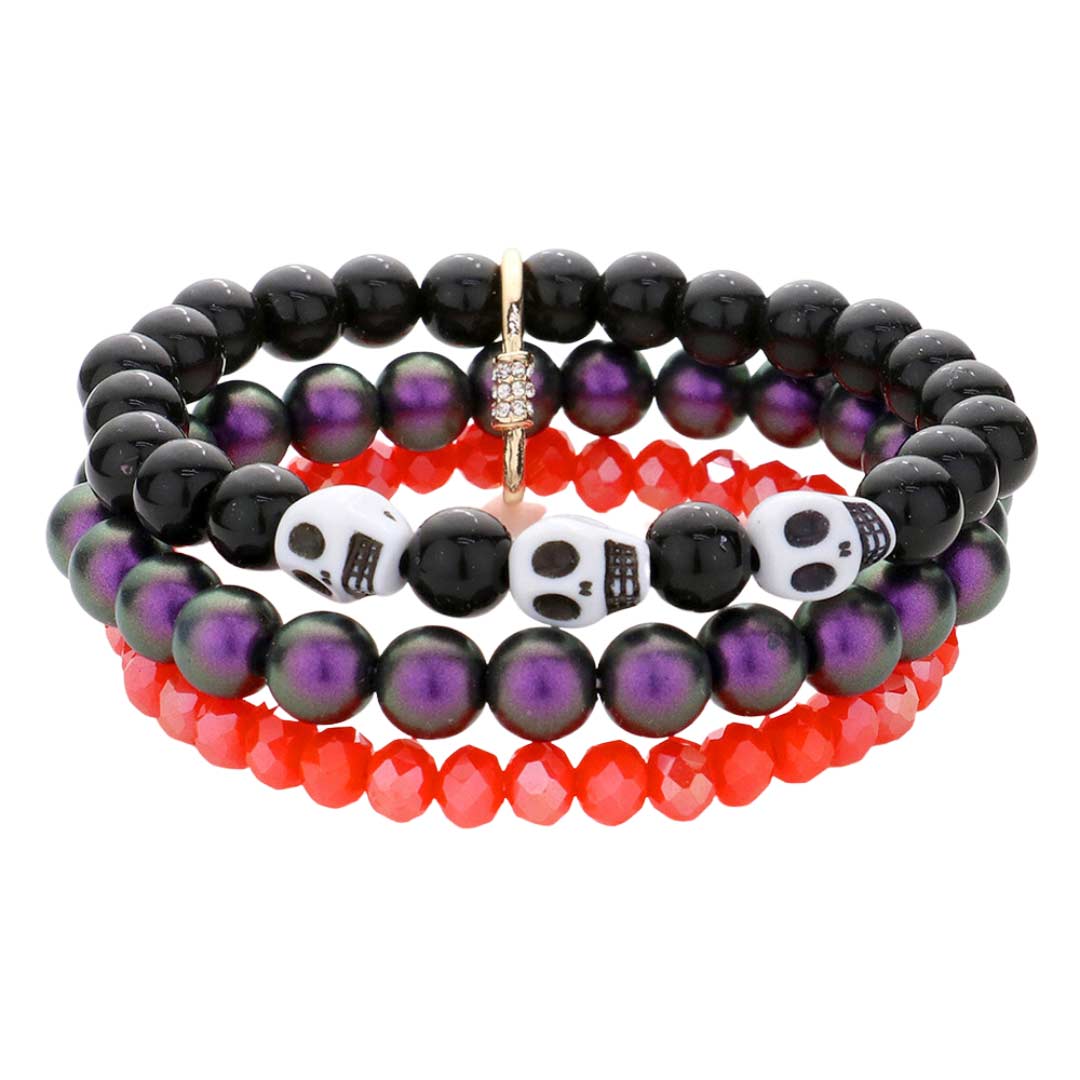 Skull Pointed Triple Layered Beaded Stretch Bracelet