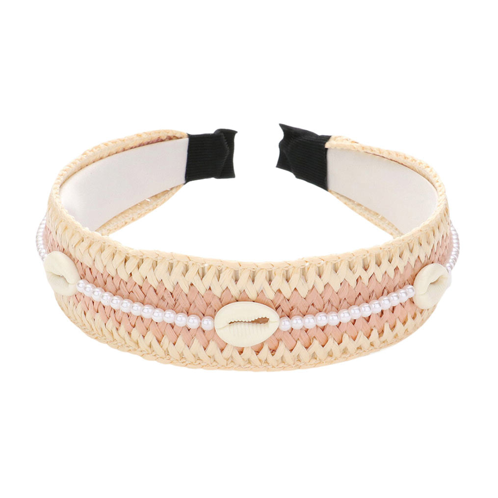 Pearl Puka Shell Embellished Woven Straw Headband