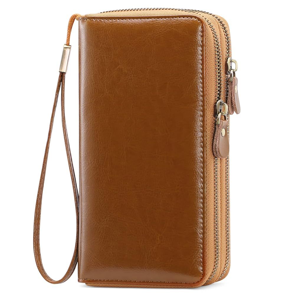 Women's Layer Cowhide Double Zip Clutch Trendy Ladies Wallets