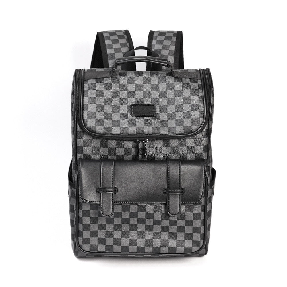 Men's Chessboard Grid High Quality Leather Large Backpacks