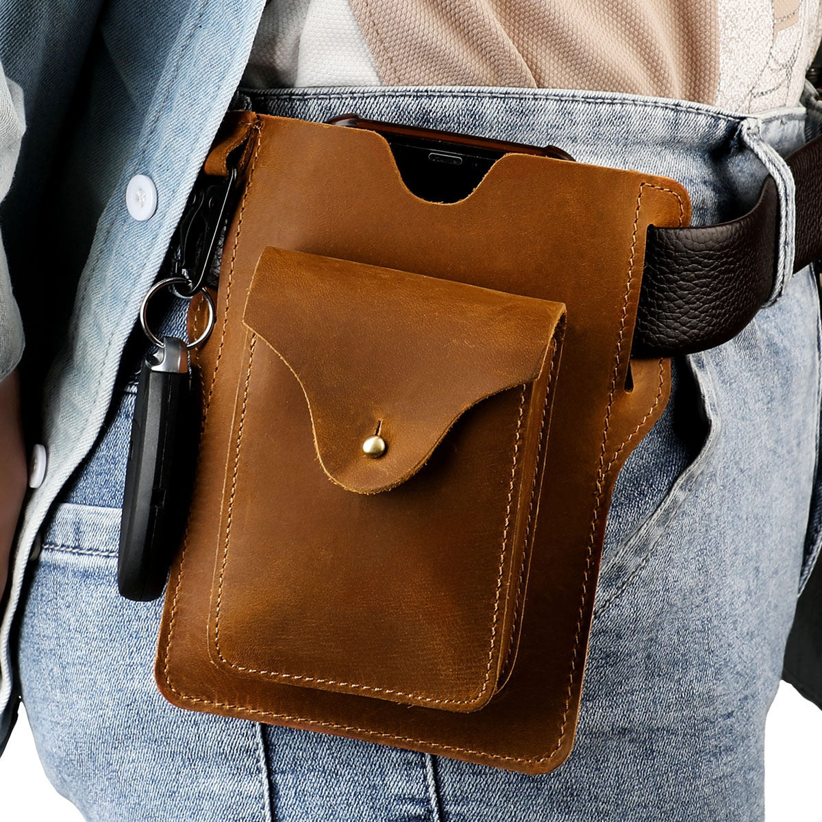 Men's Retro Crazy Horse Leather Mobile Cigarette Men's Waist Packs
