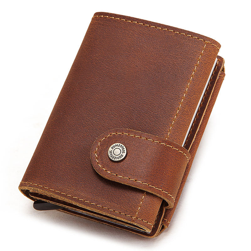 Men's Crazy Horse Leather Automatic Metal Cartridge Card Holder