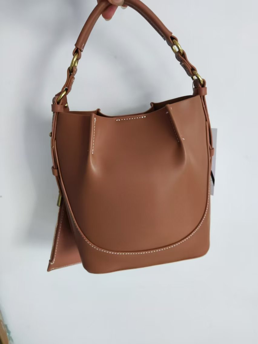 Women's Capacity Wide Strap Brown Drawstring Portable Bucket Bags