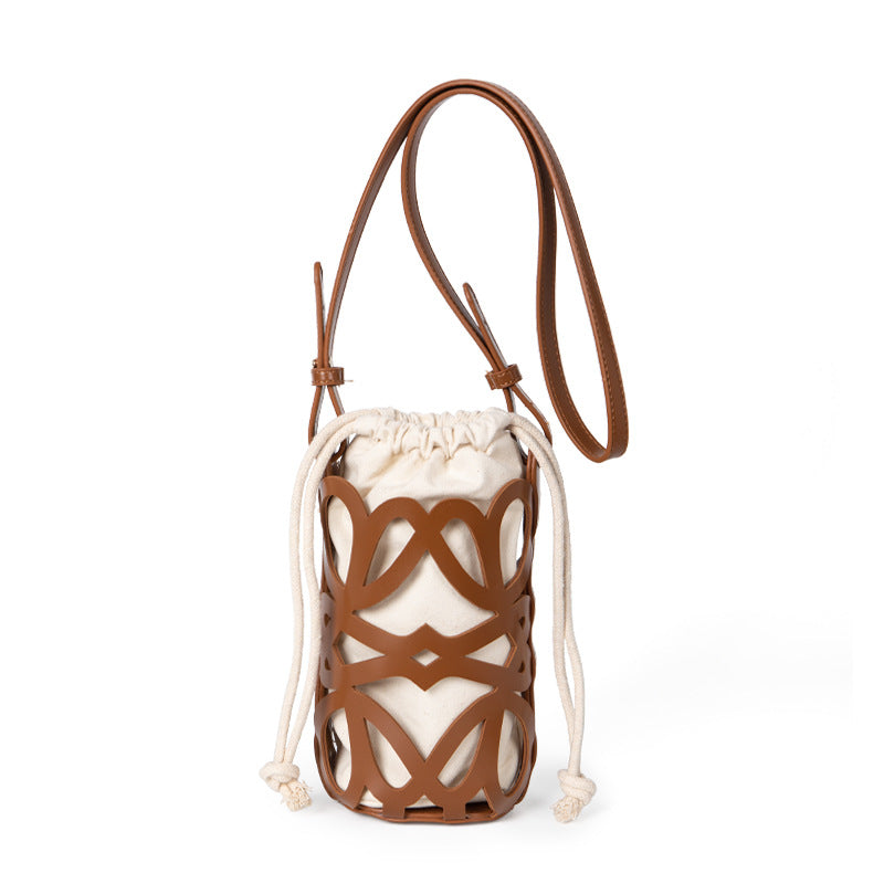 Women's Design Hollow Drawstring Canvas Cylindrical Pouch Crossbody Bags