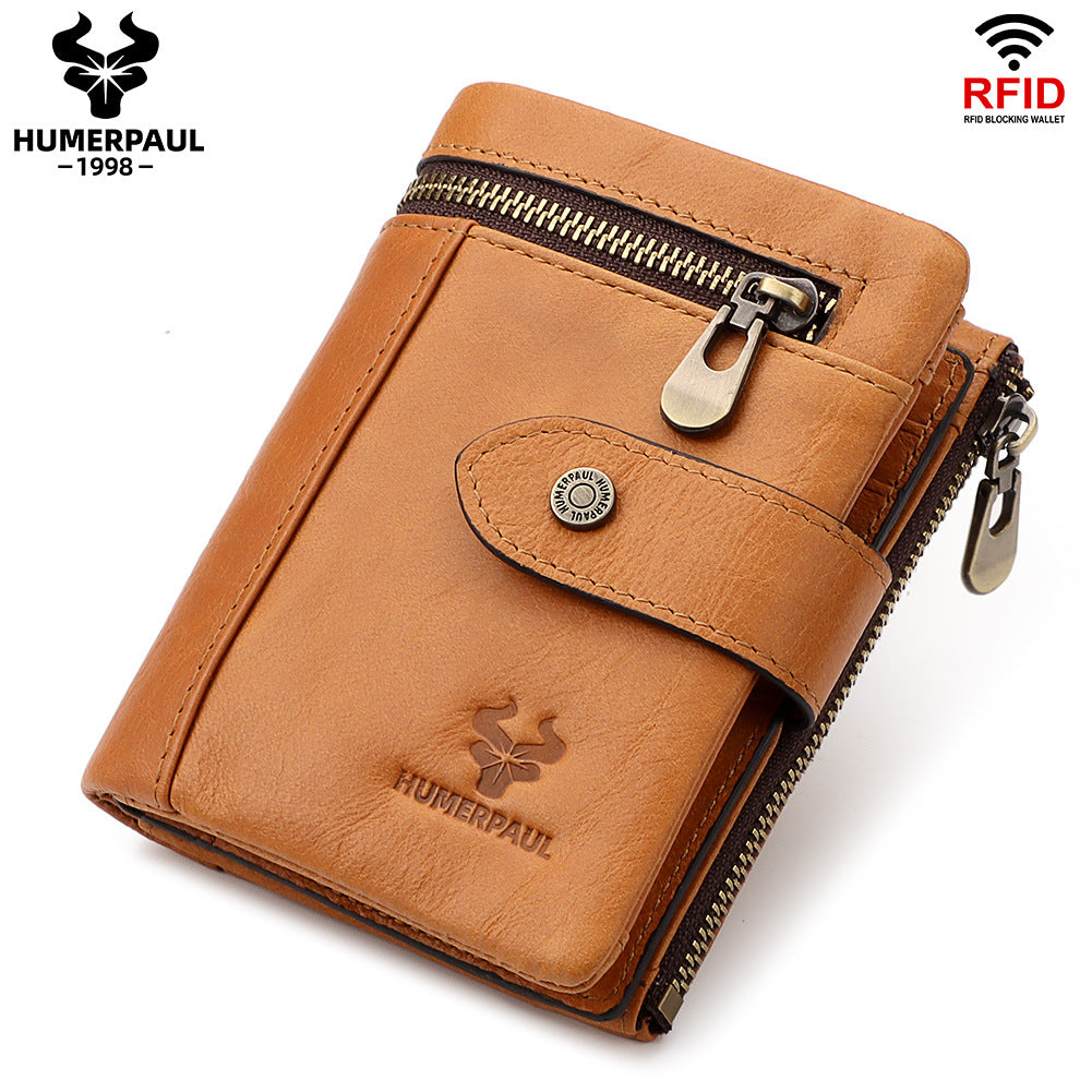 First Layer Cowhide Zipper Multiple Slots Pocket Men's Wallets