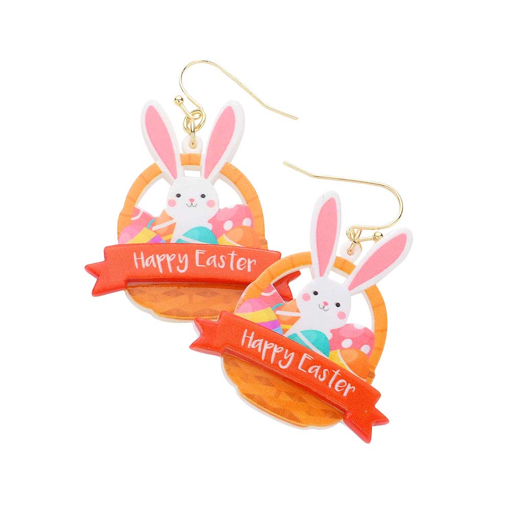 Happy Easter Message Resin Bunny Egg Basket Dangle Earrings